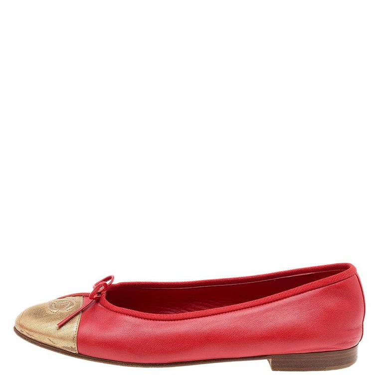 Chanel Red/Gold Leather CC Cap Toe Bow Ballet Flats Size 38 at