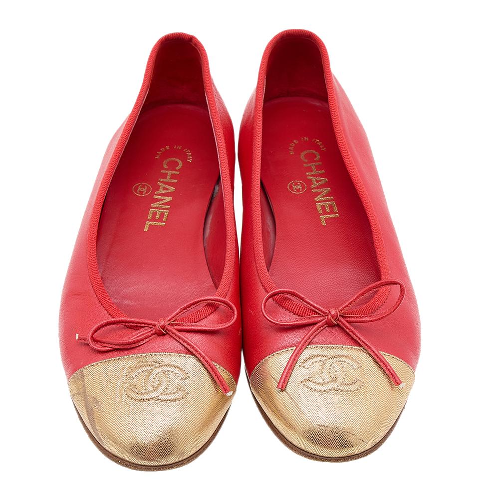 Pink Chanel Red/Gold Leather CC Cap Toe Bow Ballet Flats Size 38