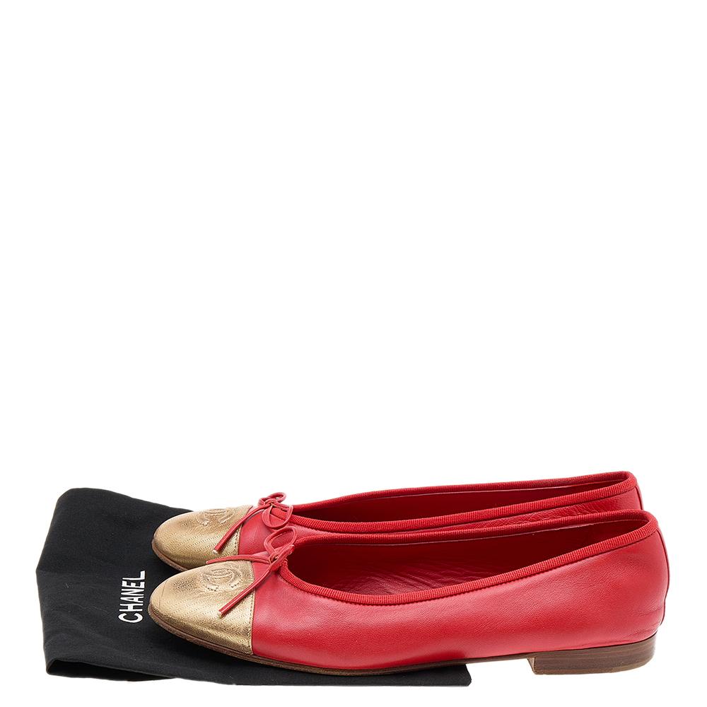 Chanel Red/Gold Leather CC Cap Toe Bow Ballet Flats Size 38 2