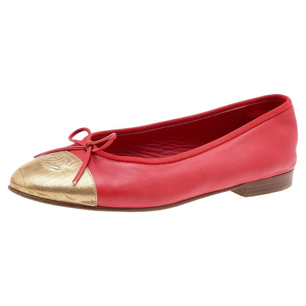 Chanel Red/Gold Leather CC Cap Toe Bow Ballet Flats Size 38 at 1stDibs