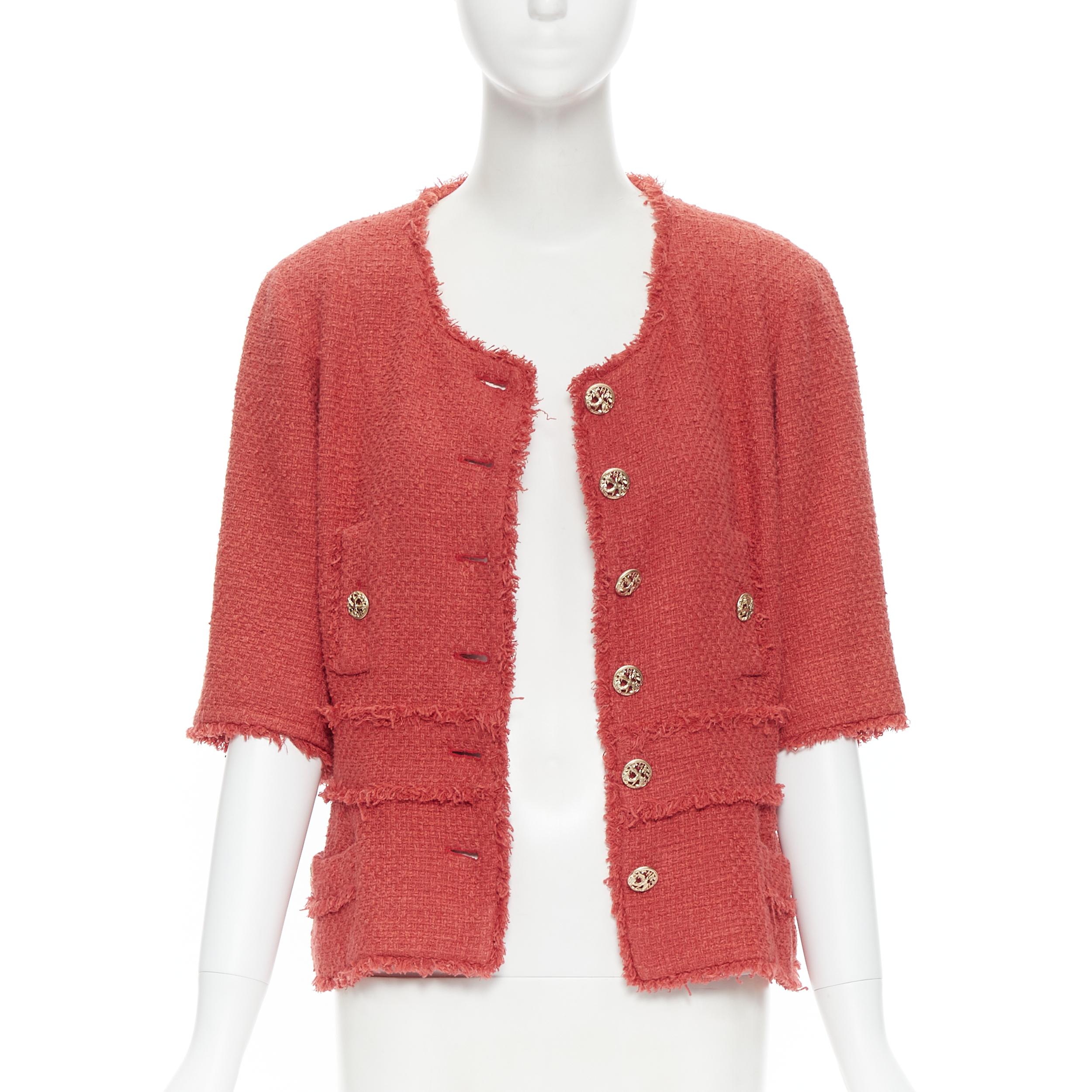 Pink CHANEL red gold swallow CC button 4 pocket short sleeve tweed jacket FR44 XL