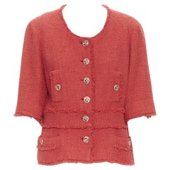CHANEL red gold swallow CC button 4 pocket short sleeve tweed jacket FR44 XL