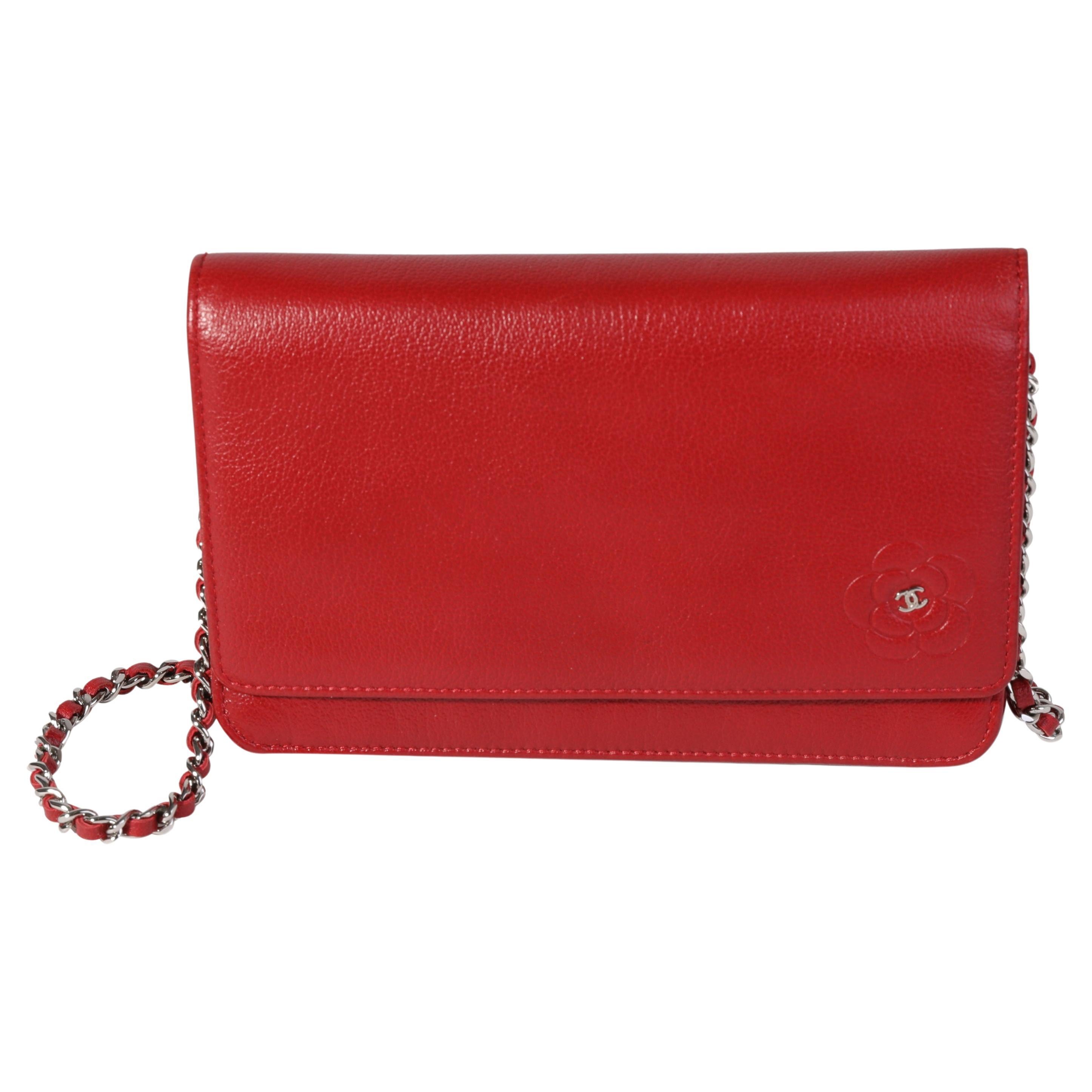 Chanel Red Grained Leather Camellia Wallet On Chain