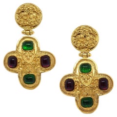 CHANEL Red Green Gripoix Glass Gold Metal Textured Evening Dangle Earrings