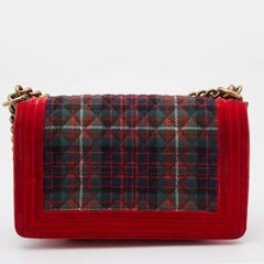 Chanel Red/Green Quilted Tartan and Velvet Medium Boy Flap Bag