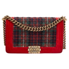 Chanel Red/Green Quilted Tartan and Velvet Medium Boy Flap Bag