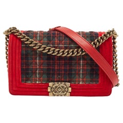 Chanel Red/Green Quilted Tweed and Velvet Medium Boy Flap Bag