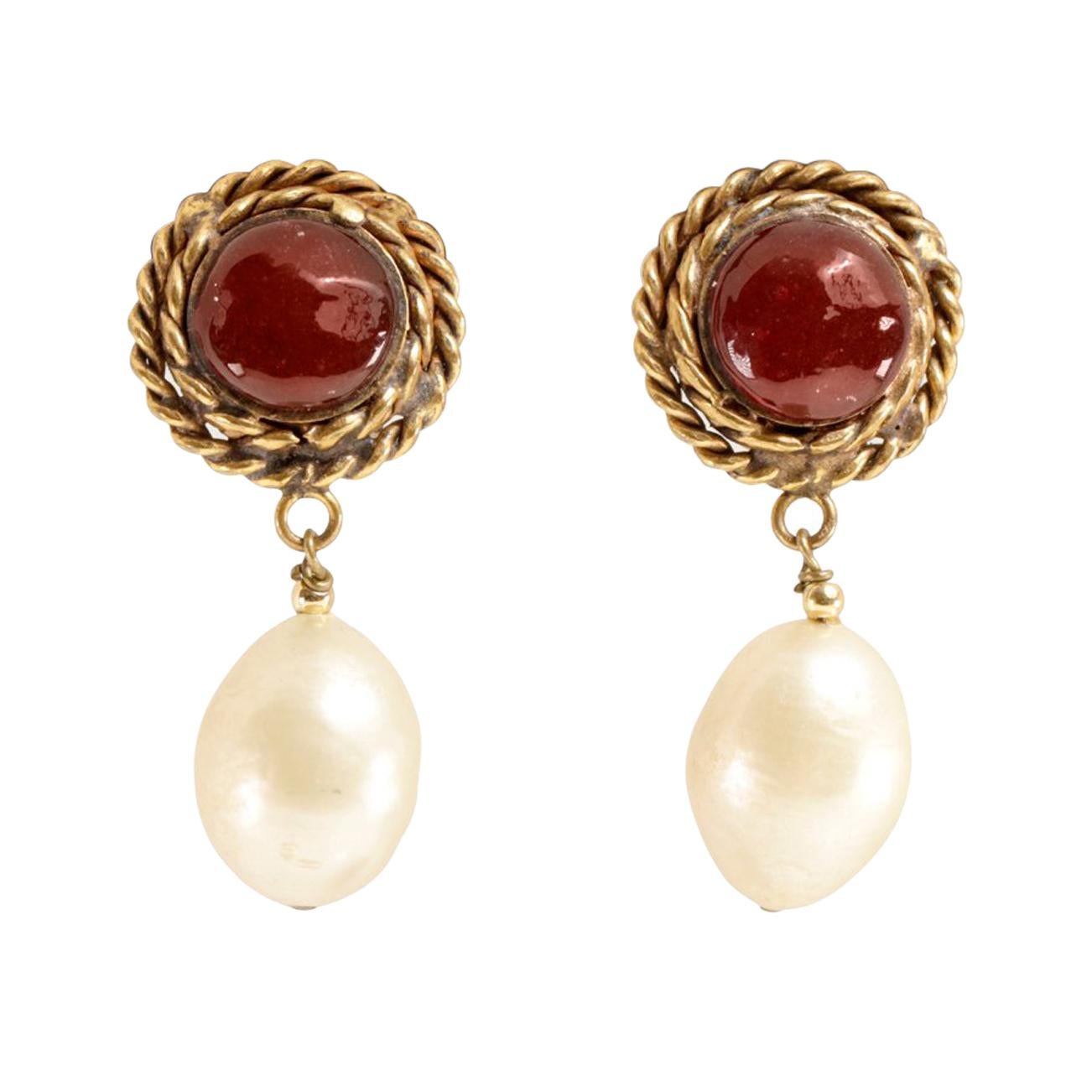 Chanel Red Gripoix and Pearl Clip On Earrings