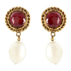 Chanel Red Gripoix and Pearl Drop Vintage Earrings