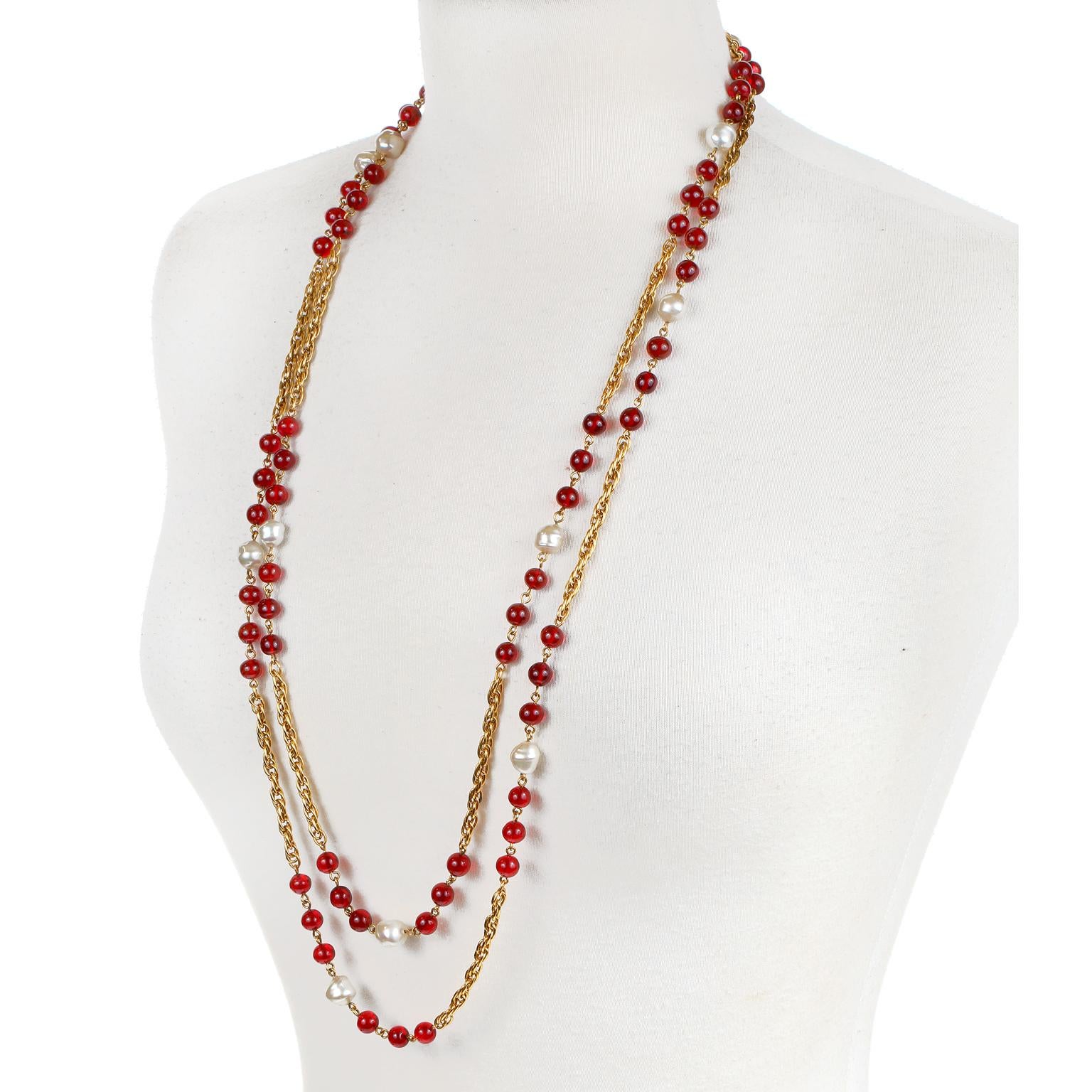 Chanel Red Gripoix and Pearl Long Necklace For Sale 1