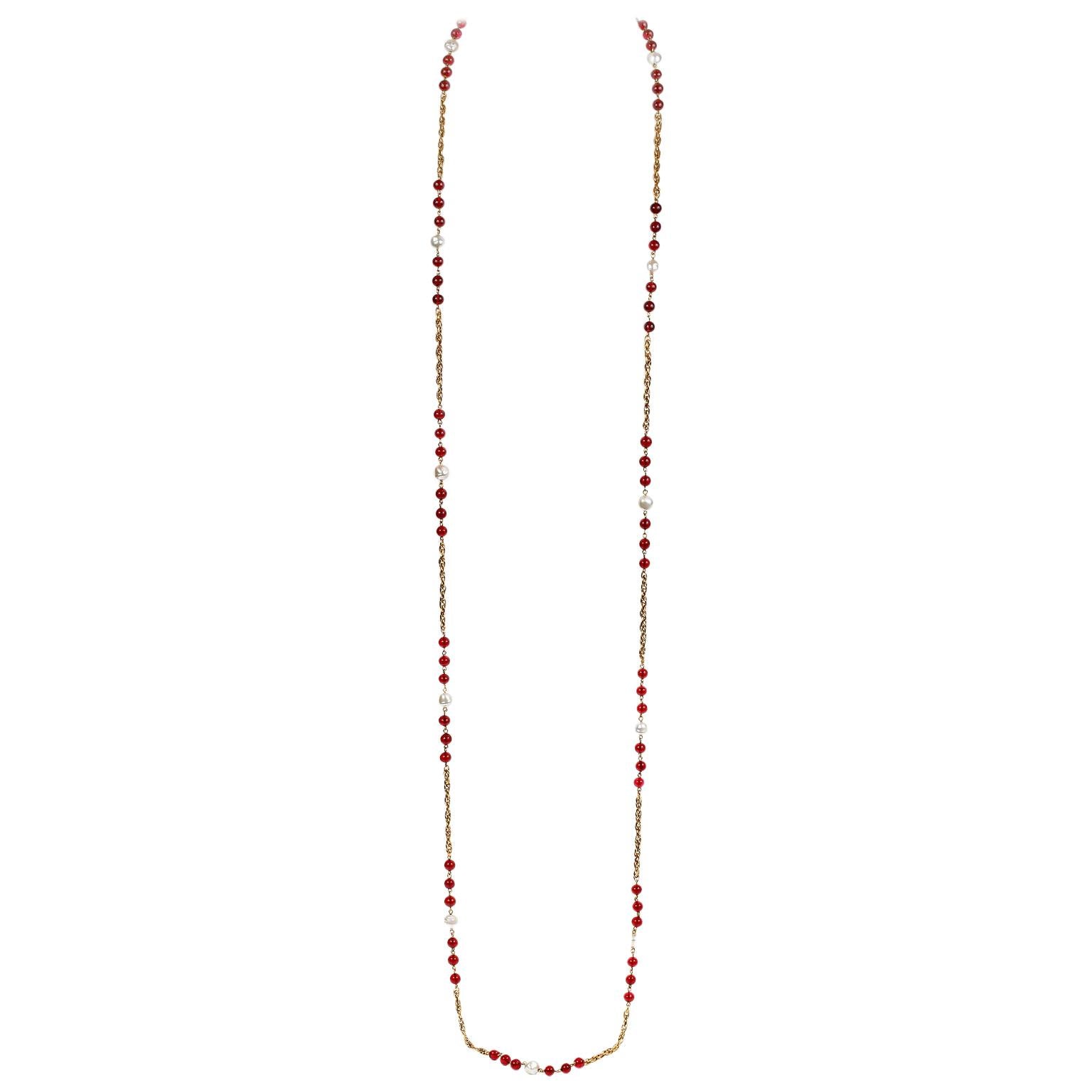Chanel Red Gripoix and Pearl Long Necklace