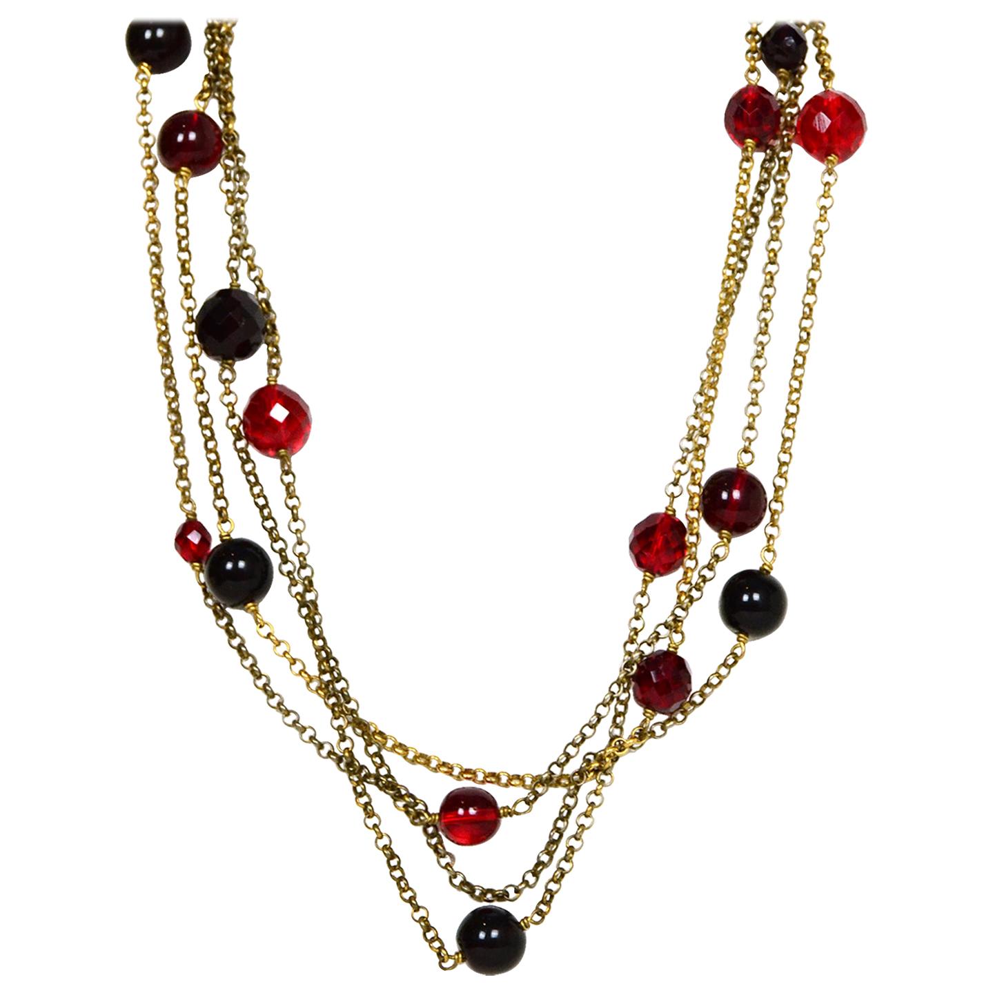 Chanel Red Gripoix & Crystal 92" Goldtone Necklace