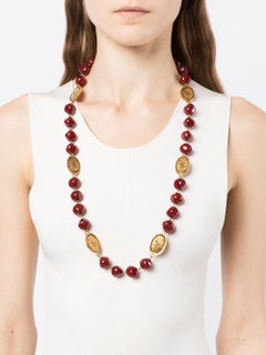 Chanel Red Gripoix Glass Bead and Gilt Coin necklace