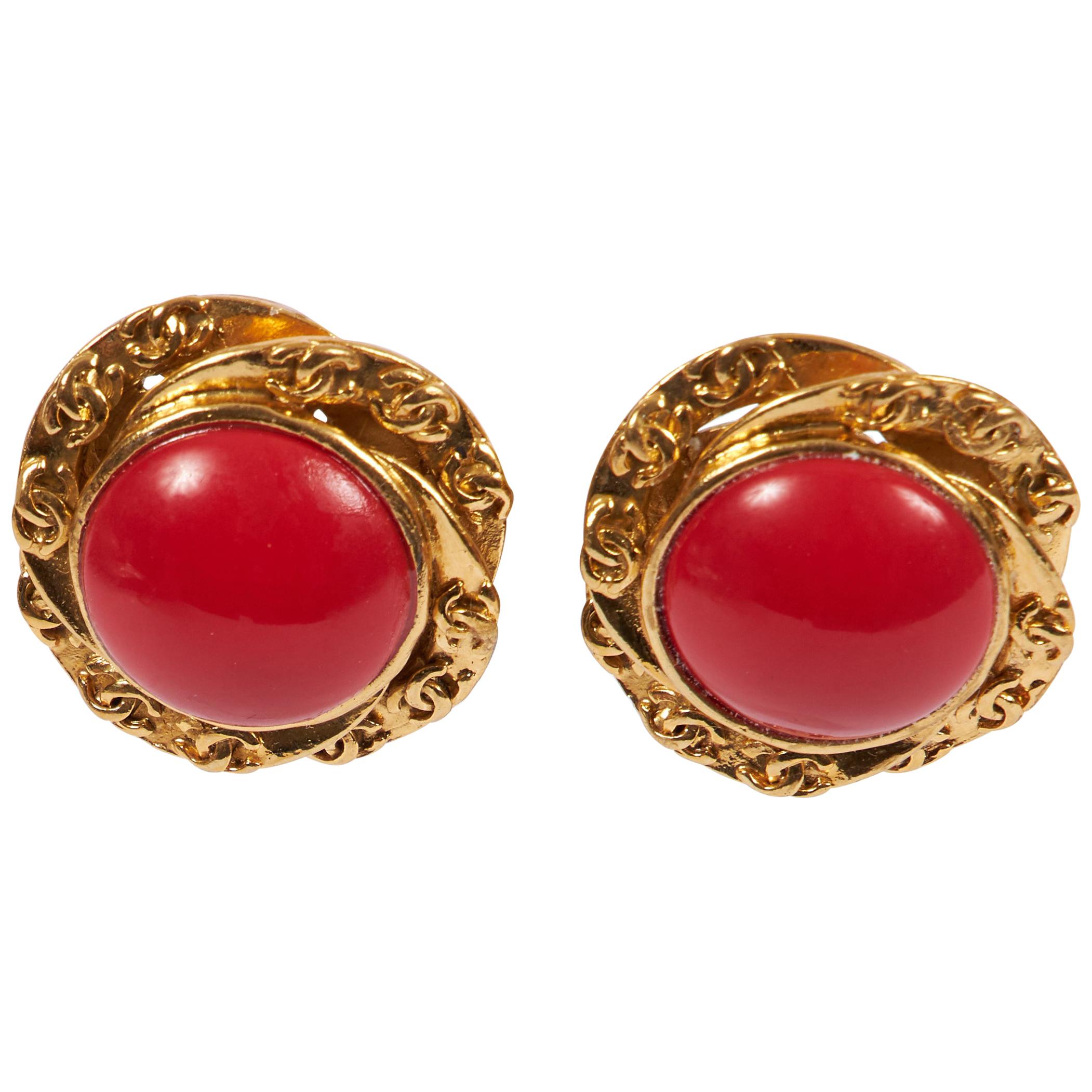 Chanel Red Gripoix Gold Clip Earrings
