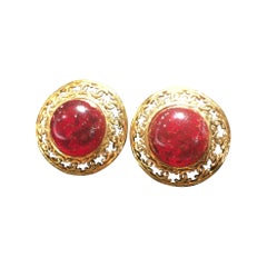 Vintage Chanel Red Gripoix Gold Clip Earrings With Original Box.