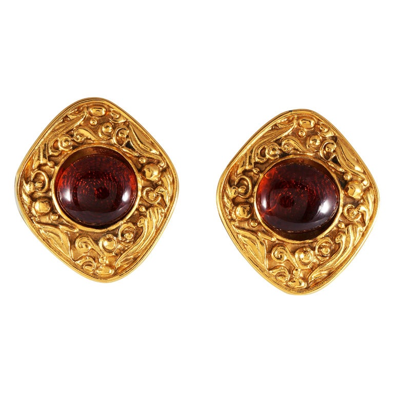 Gold Metal and Red Gripoix CC Earrings, 2001