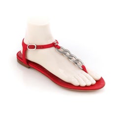 CHANEL Red Grosgrain Ribbon Quilted Leather Silver Chain T Strap Sandal Sz 38.5
