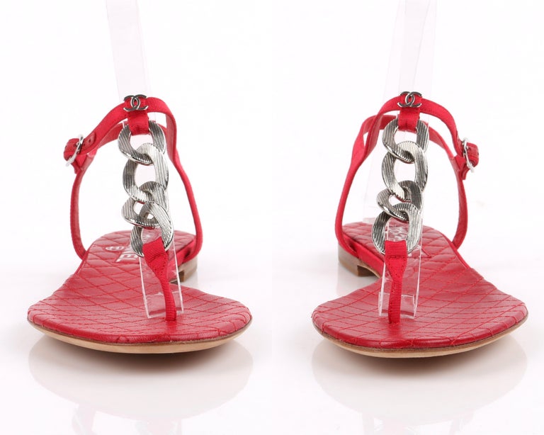 CHANEL Red Grosgrain Ribbon Quilted Leather Silver Chain T Strap Sandal ...