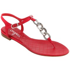 CHANEL Red Grosgrain Ribbon Quilted Leather Silver Chain T Strap Sandal Sz 38.5 
