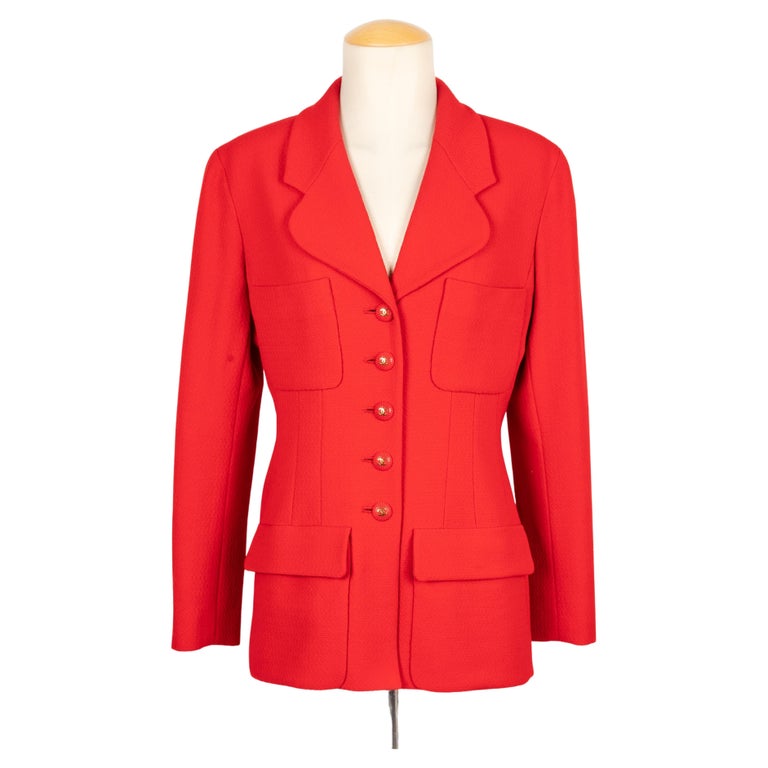 Coco Chanel Red Haute Couture 1950s 2 pc Wool Jersey Jewel Button Dress and  Coat For Sale at 1stDibs