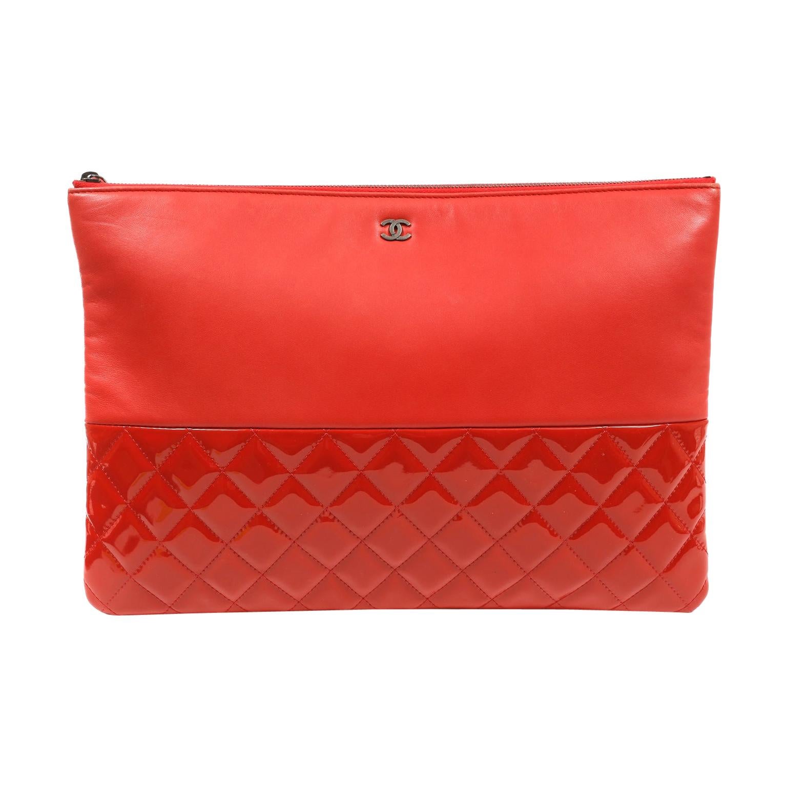 Chanel Red Lambskin and Patent Leather Clutch