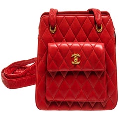 Chanel Red Lambskin CC Front Pocket Shoulder Bag