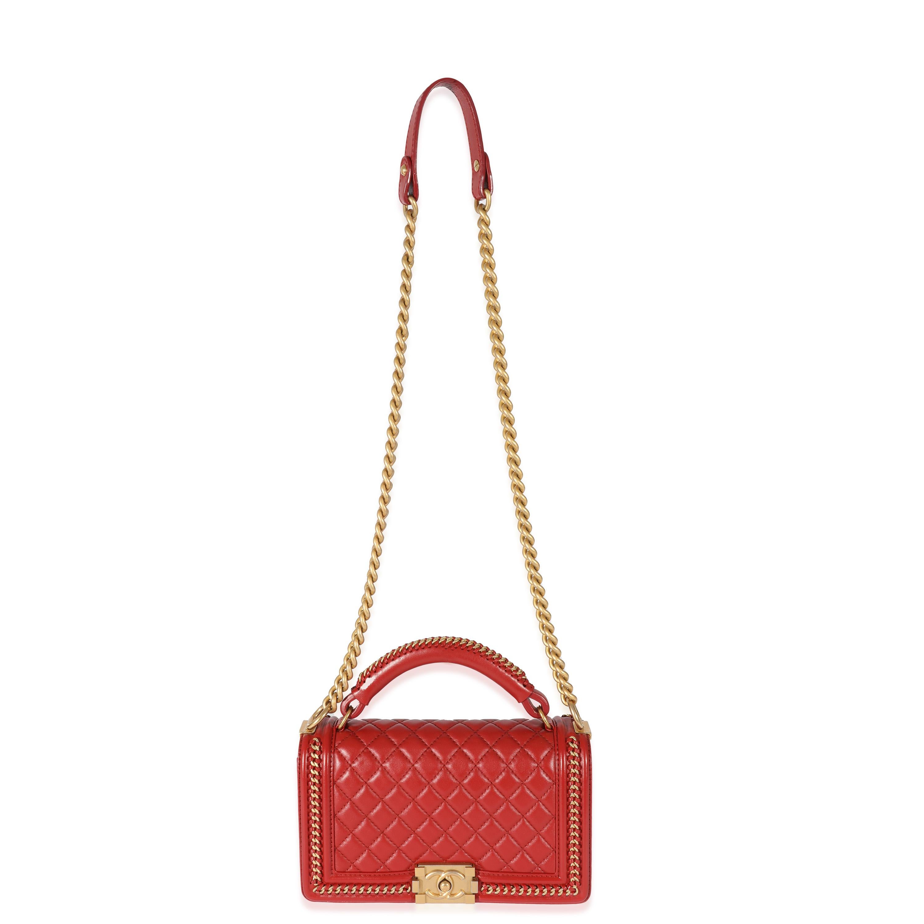 Listing Title: Chanel Red Lambskin Chain Around Medium Boy Bag
SKU: 129952
Condition: Pre-owned 
Handbag Condition: Very Good
Condition Comments: Very Good Condition. Faint scuffing to corners. Scratching and tarnishing to hardware.
Brand: