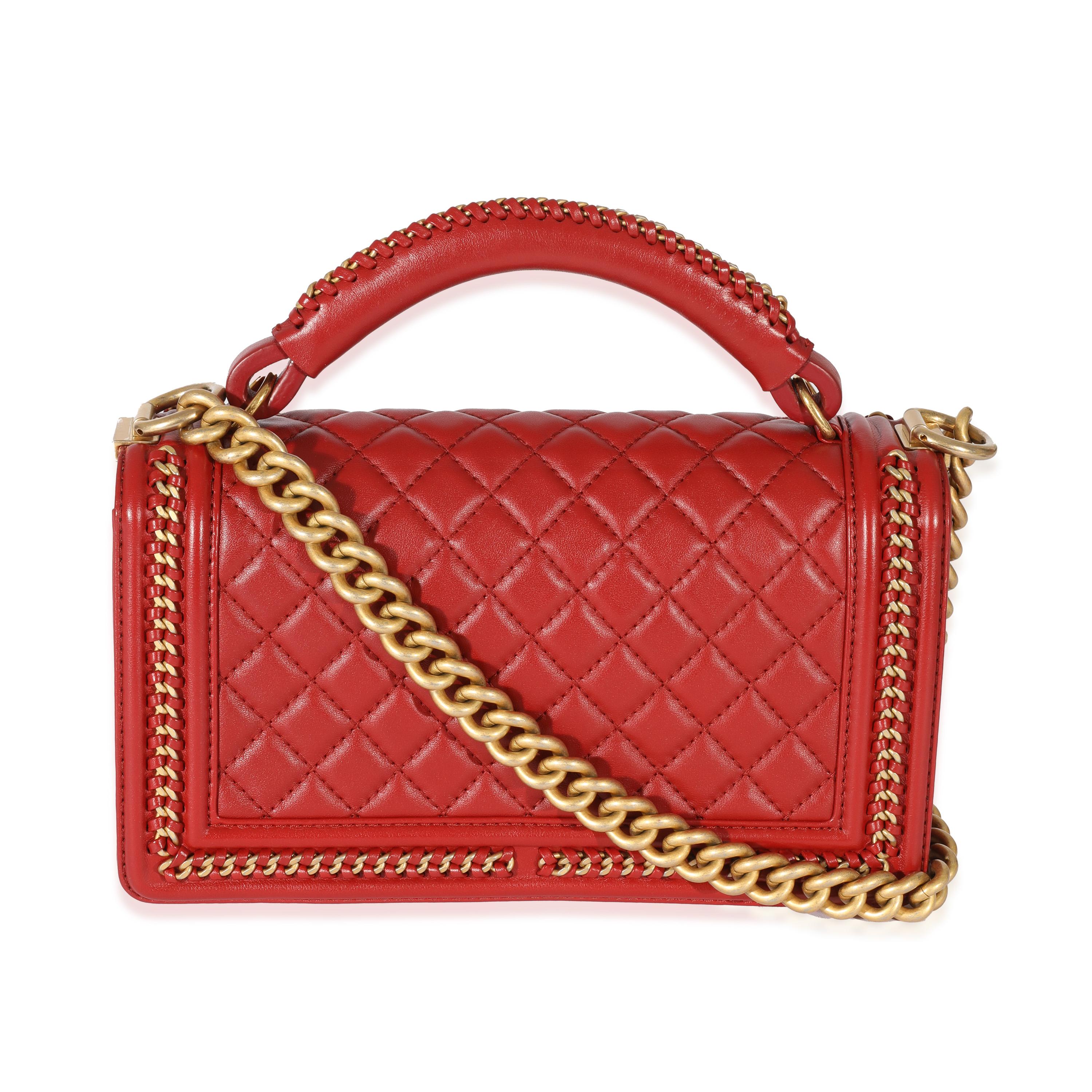 Chanel Red Lambskin Chain Around Medium Boy Bag In Excellent Condition In New York, NY