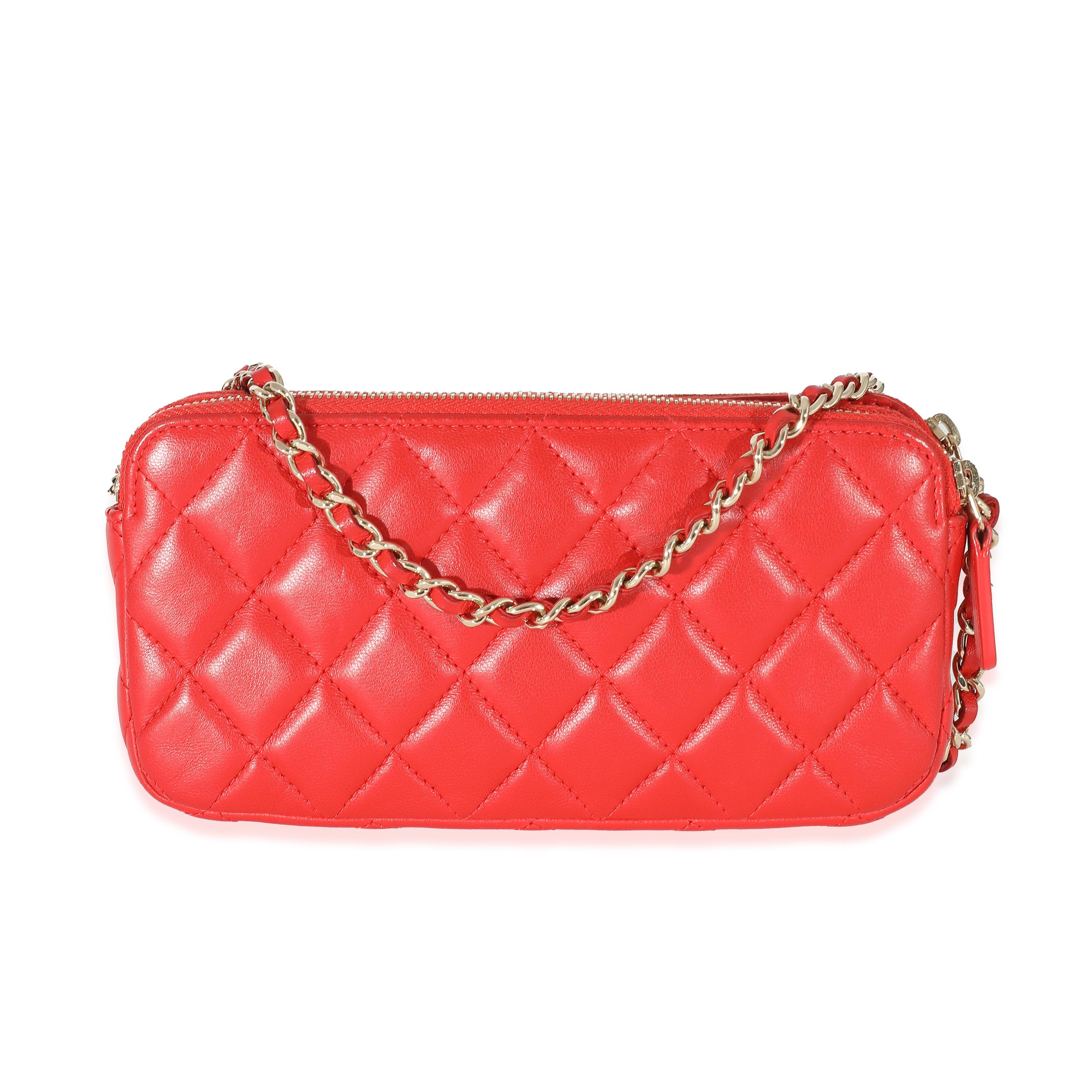 Chanel Red Lambskin Double Zip Clutch With Chain In Excellent Condition In New York, NY