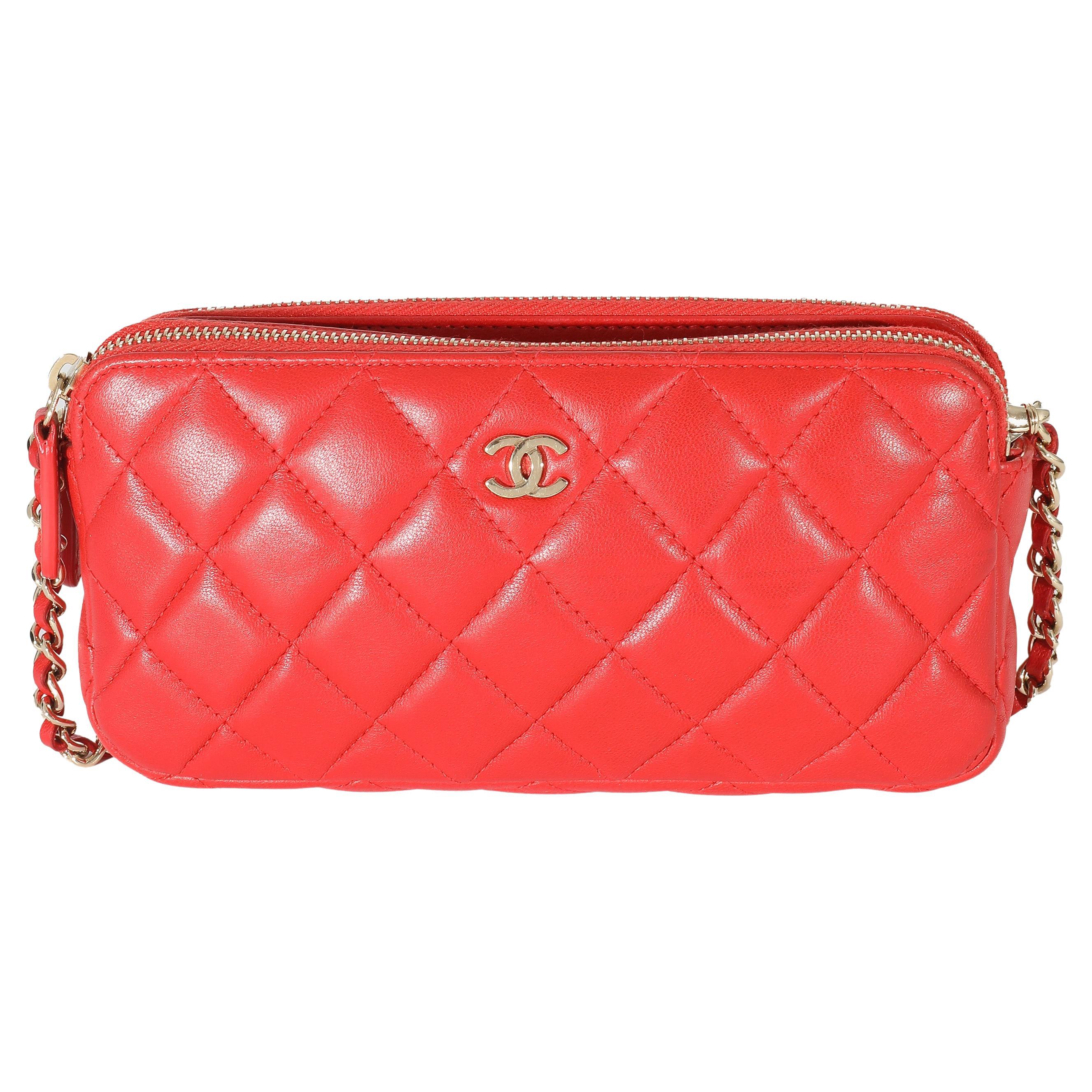 Chanel Red Lambskin Double Zip Clutch With Chain For Sale at 1stDibs