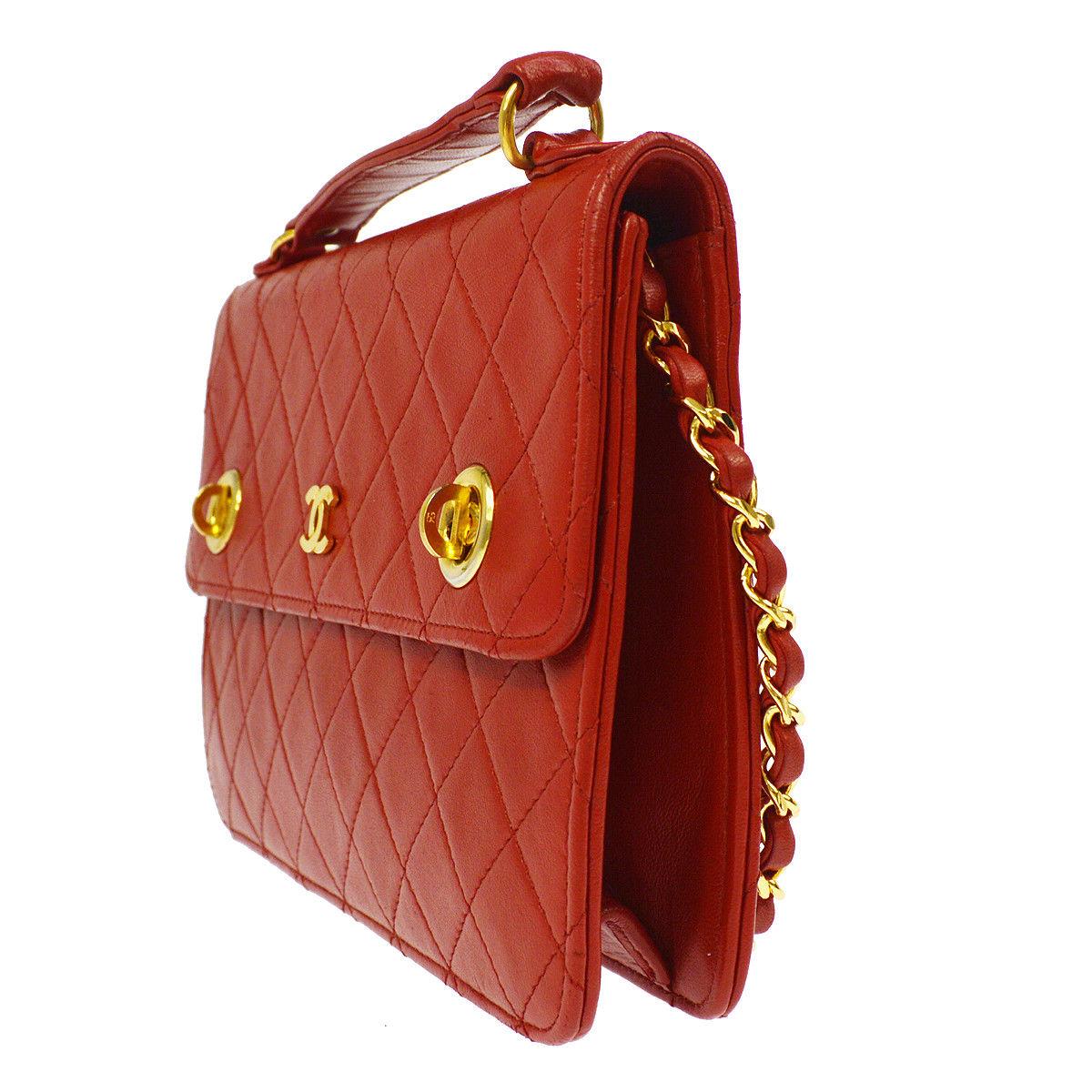 Chanel Red Lambskin Dual Turnlock Top Handle Satchel Shoulder Flap Bag In Good Condition In Chicago, IL