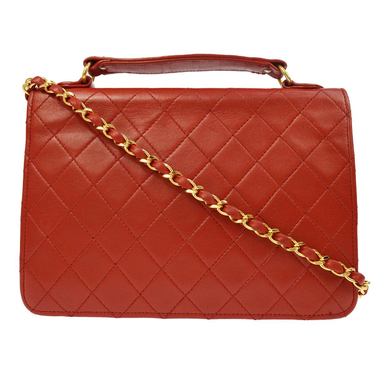 Women's Chanel Red Lambskin Dual Turnlock Top Handle Satchel Shoulder Flap Bag