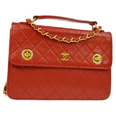 Retro Chanel Red Lambskin Dual Turnlock Top Handle Satchel Shoulder Flap Bag