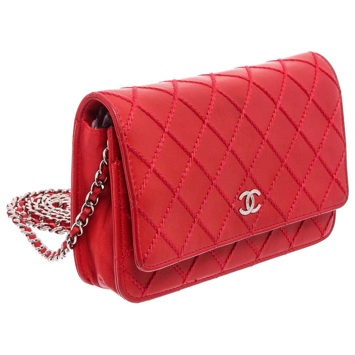 Chanel Red Lambskin Leather Diamond Stitch WOC Wallet On Chain