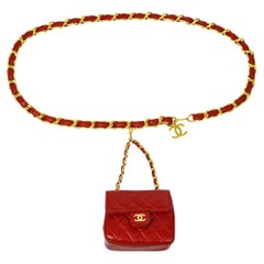 Vintage CHANEL Red Lambskin Leather Gold Hardware Micro Mini Pochette Waist Belt Bag 