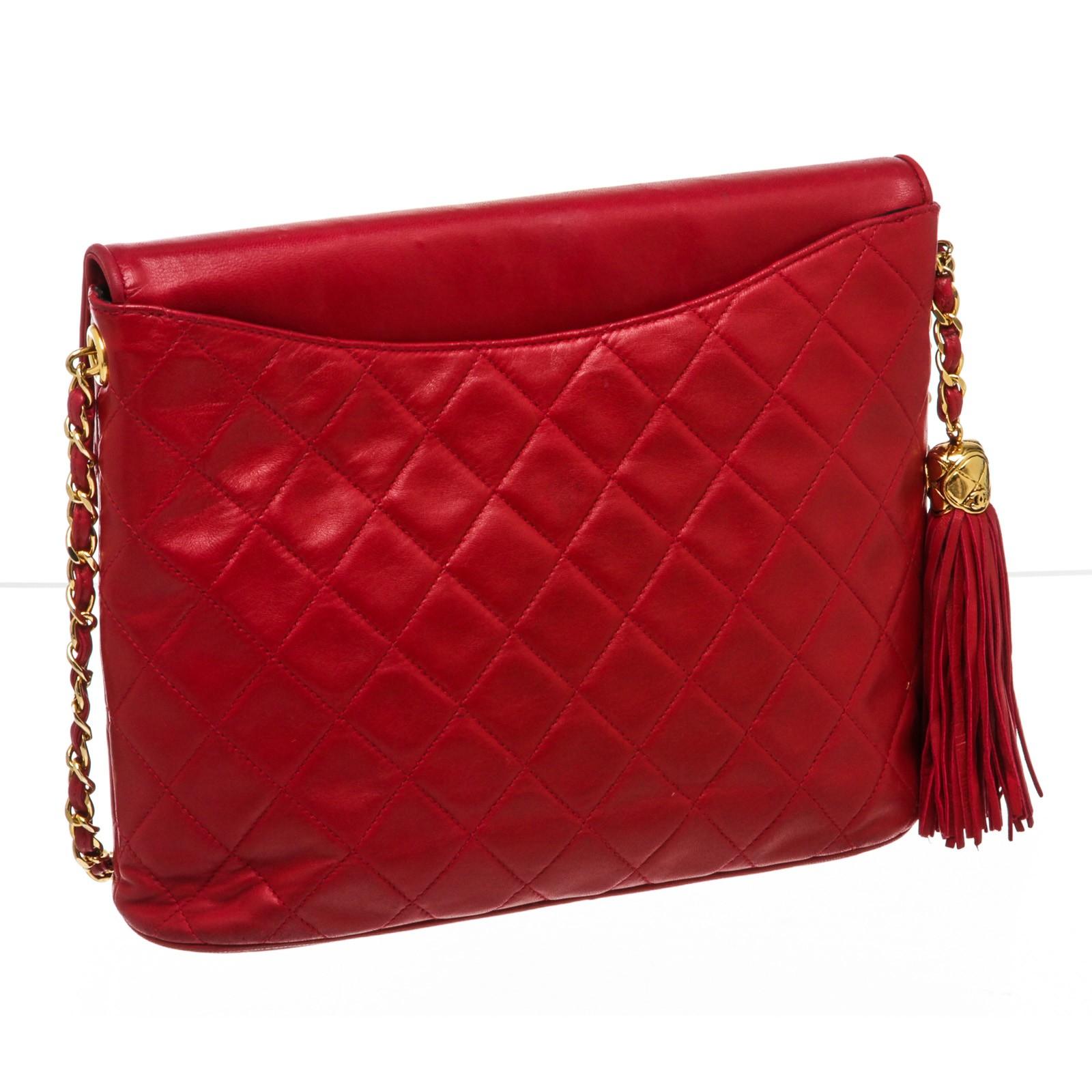 Chanel Red Lambskin Leather Tassel Flap Bag In Good Condition In Irvine, CA