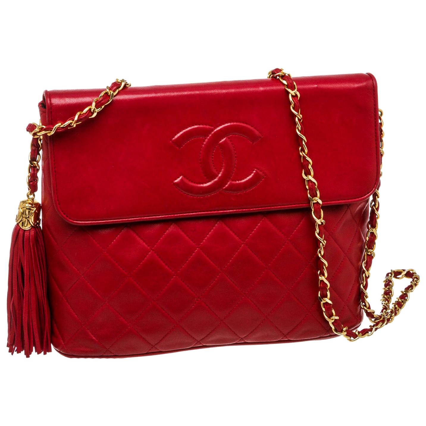 Chanel Red Lambskin Leather Tassel Flap Bag at 1stDibs