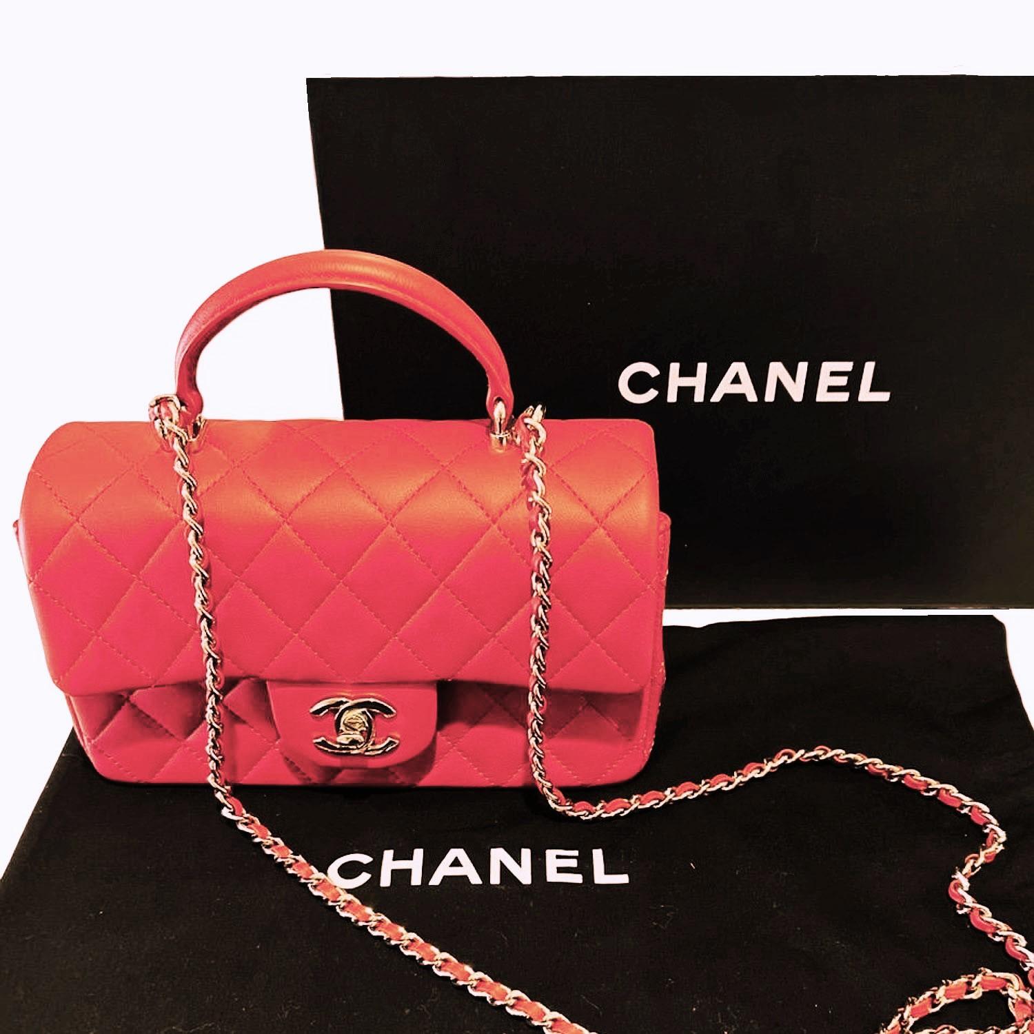 Chanel Red Lambskin Mini Rectangular Top Handle Flap 7