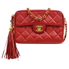 CHANEL Red Lambskin Quilted Gold Evening Small Camera Party Shoulder Flap Bag