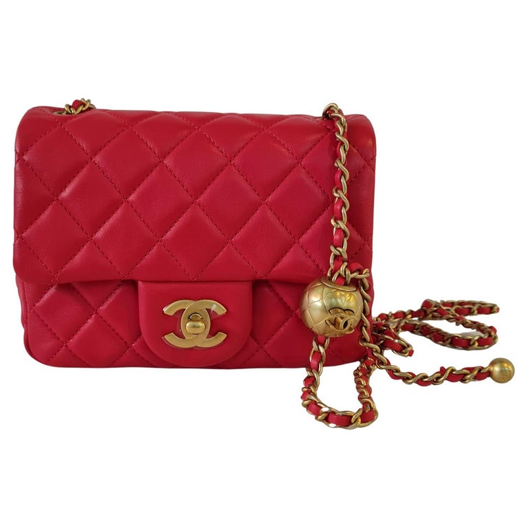 Chanel Red Lambskin Quilted Mini Square Pearl Crush Flap Bag