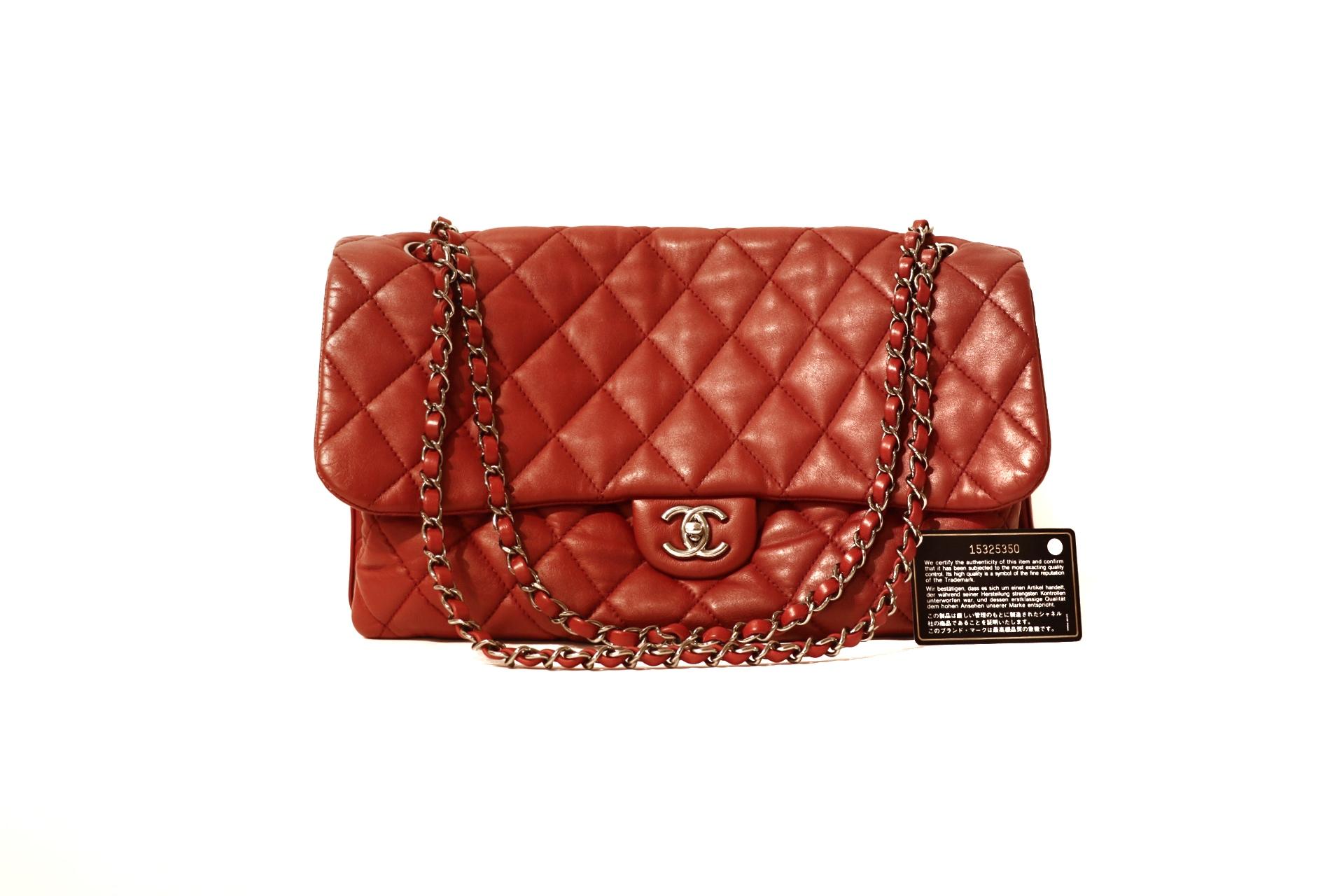 Chanel Red Lambskin Triple Accordion Flap Bag In Excellent Condition In Palm Beach, FL