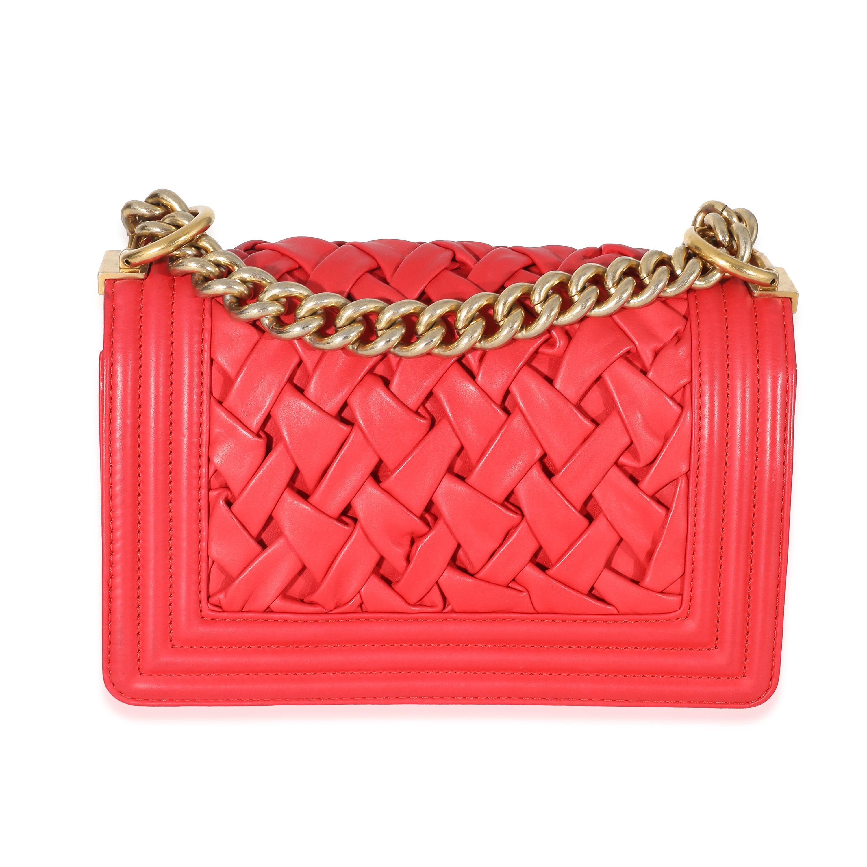Chanel Red Lambskin Woven Small Boy Bag In Excellent Condition In New York, NY