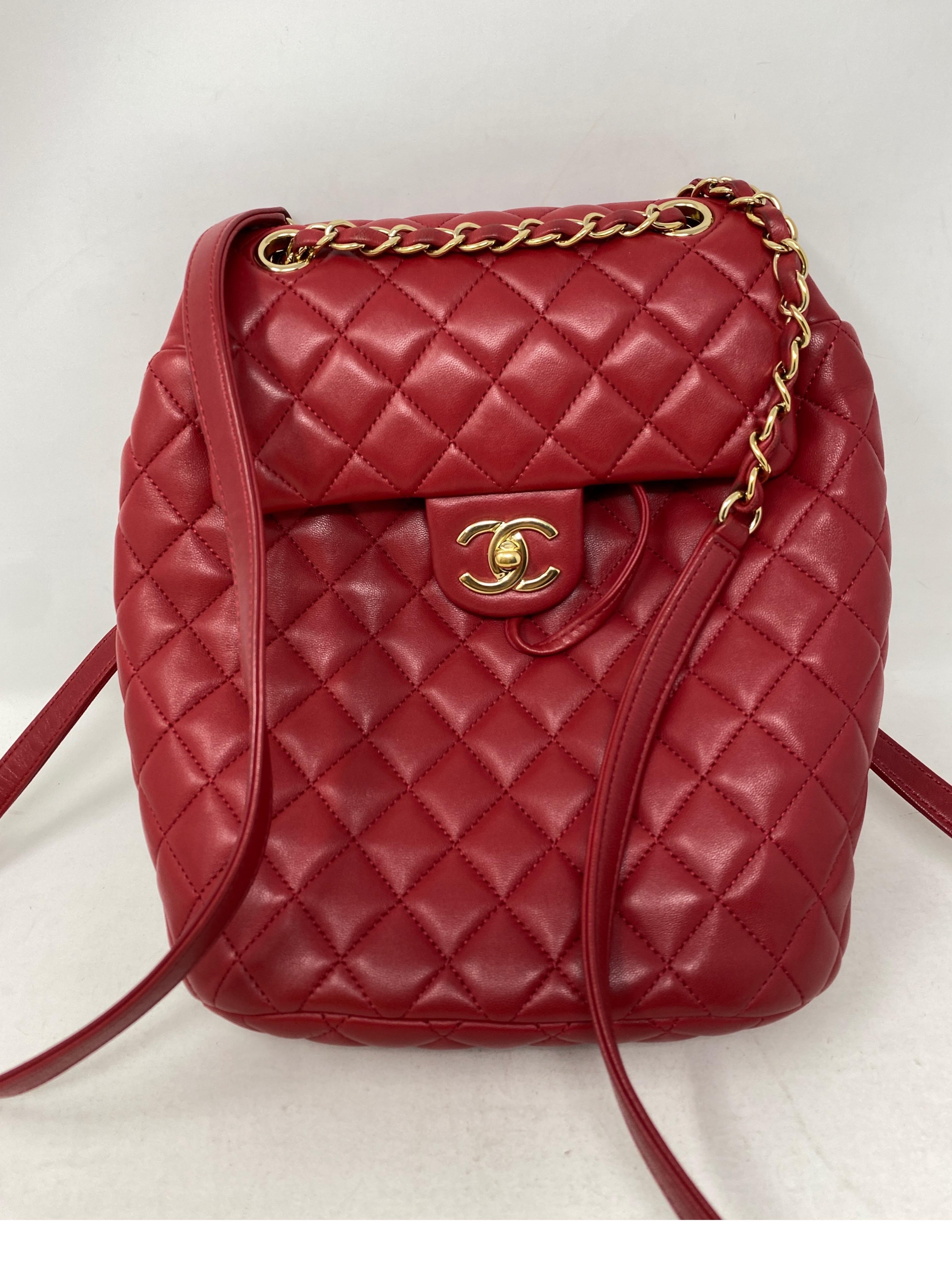 Chanel Red Leather Backpack. Beautiful red with gold hardware. Excellent like new condition. The perfect size. Hard to find backpack. Includes authenticity card. Guaranteed authentic. 