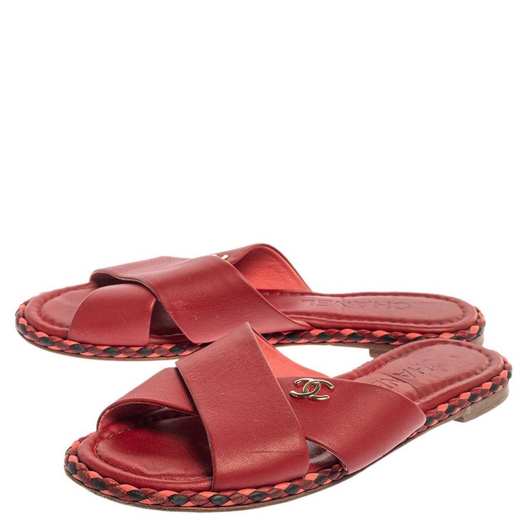 Chanel Red Leather Braided Trim Criss Cross CC Flat Slides Size 36