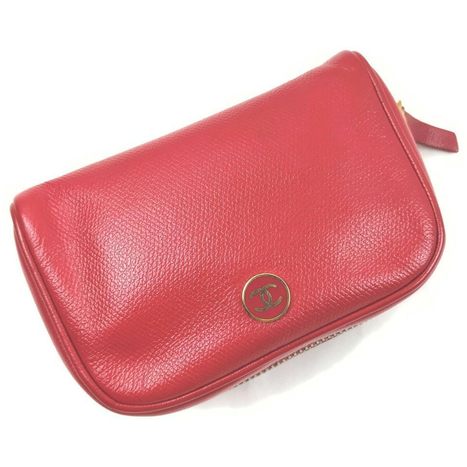 Women's Chanel Red Leather Button Line Cosmetic Case Make Up Pouch 861592