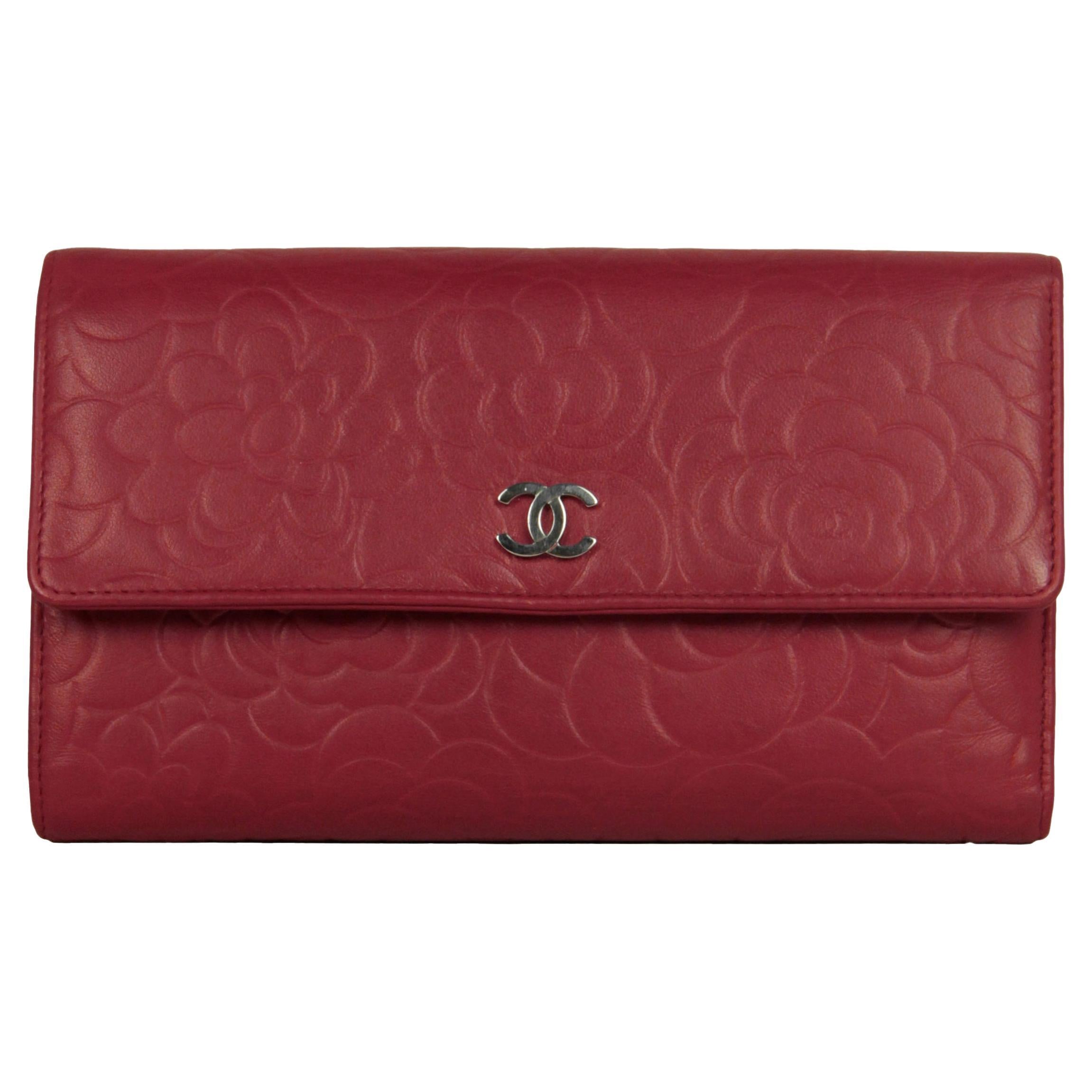Chanel Red Leather Camelia Embossed Wallet
