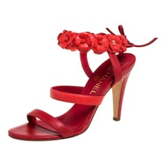 Chanel Red Leather Camellia Ankle Strap Sandals Size 37.5