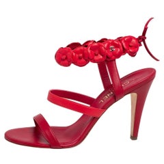 Chanel Red Leather Camellia Appliqué Ankle Strap Sandals Size 40.5