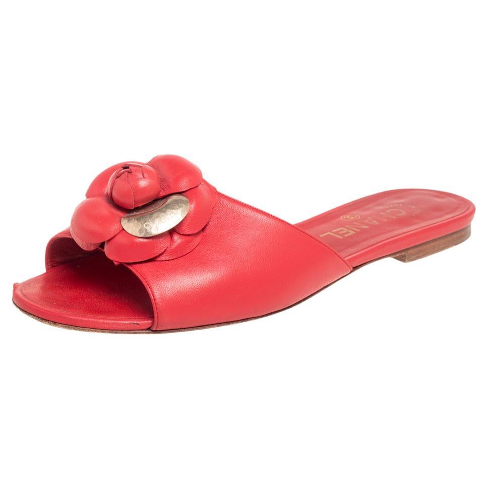 Chanel Red Leather Camellia Flat Sandals Size 39.5