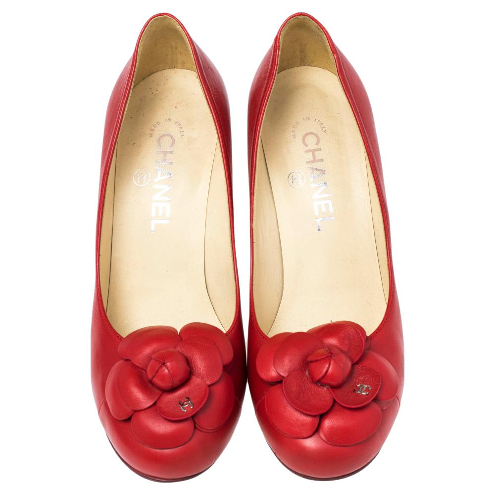 Chanel Red Leather Camellia Pumps Size 38 1